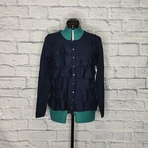 Nwt Boo Gemes women's navy blue wool tiered ruffle cardigan Sz M